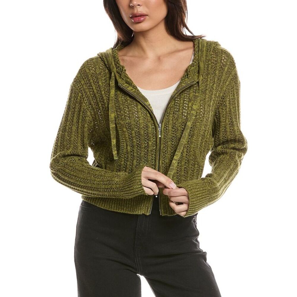 Wispr Womens  Twist Yarn Ladder Stitch Cropped Hoodie, Green